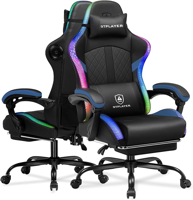 GTPLAYER RGB Gaming Chair with Speakers - LED Computer Game Chair for Adults, PC Home Office Chairs with Footrest & Lights, Reclining Desk Chairs, Dark Blue