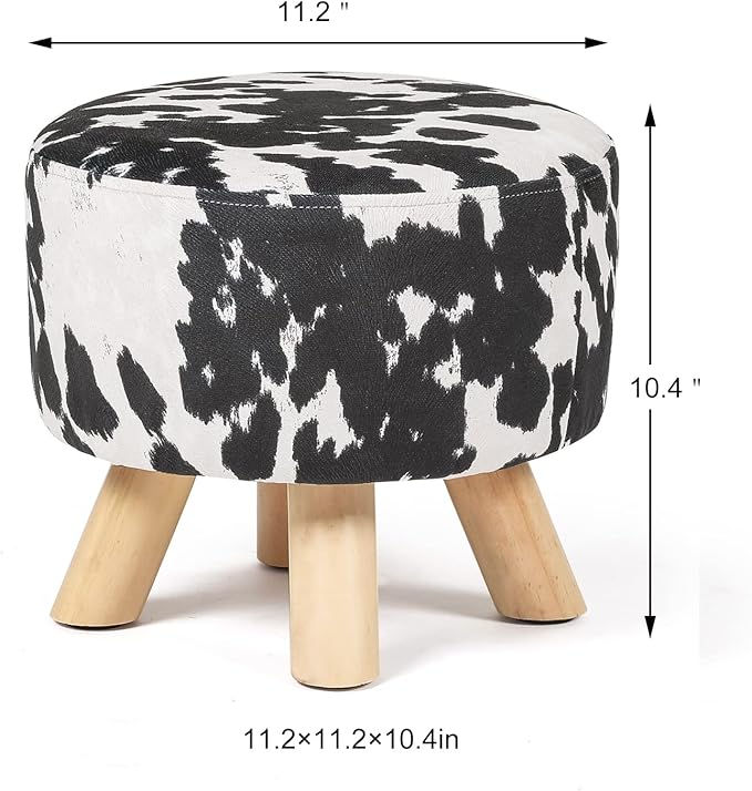 Homebeez Small Round Ottoman Foot Stool Rest with Non-Skid Legs (Black Cow)