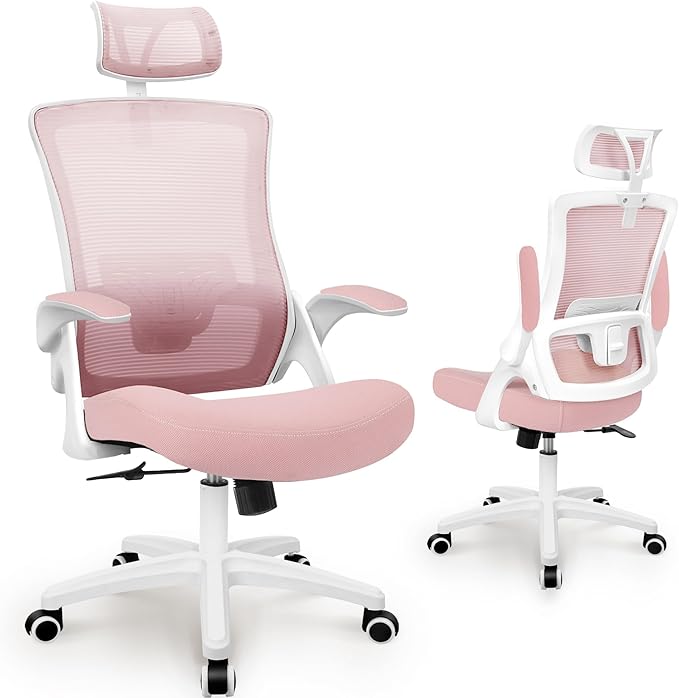 NEO CHAIR Ergonomic Office Desk Chair High Back Computer Gaming Mesh Chair with Comfy Task Adjustable Arms Lumbar Support Headrest Swivel for Home Office (Pink)