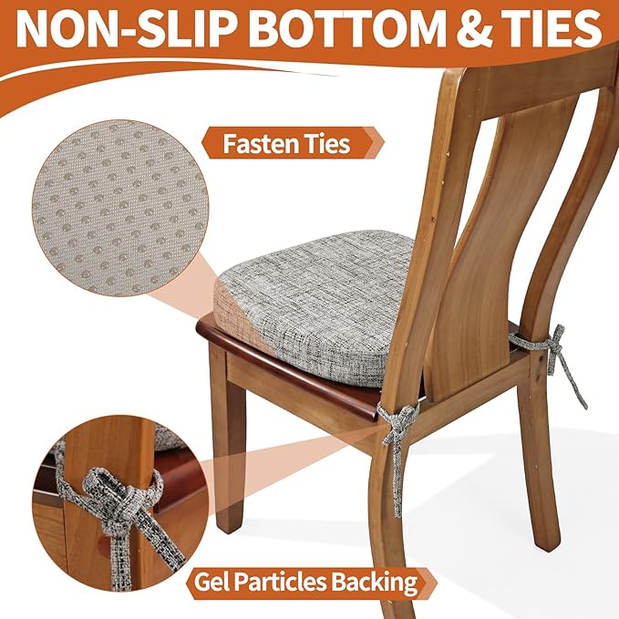 SINOSSO Thickened 2.5" Dining Chair Cushions, Soft Blended High Density Support Foam Kitchen Seat Cushions with Ties, U-Shaped Non-Slip Indoor Chair Pads, 16.5" x 16", 4 PCS, White-Gray