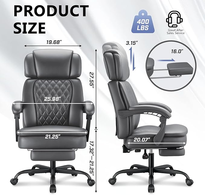 400lbs Executive Office Chair with Foot Rest for Heavy People, Ergonomic Big and Tall Desk Chair with Adjustable Headrest, High Back PU Leather Comfy Heavy Duty Computer Chair with Spring Cushion