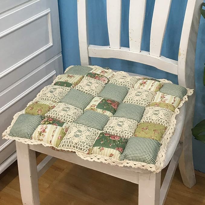 vctops Patchwork Chair Pad with Ties No Slip Lace Trim Chair Cushion Farmhouse Floral Print Kitchen Dining Seat Cushion (017 Green, 16"x16")