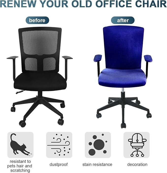 Tallew 4 Pcs Office Chair Covers Set Computer Universal Protective Stretchable Chair Seat Covers Desk Armrest Slipcovers Pads Office Cushion Backrest for Rotating(Dark Blue)