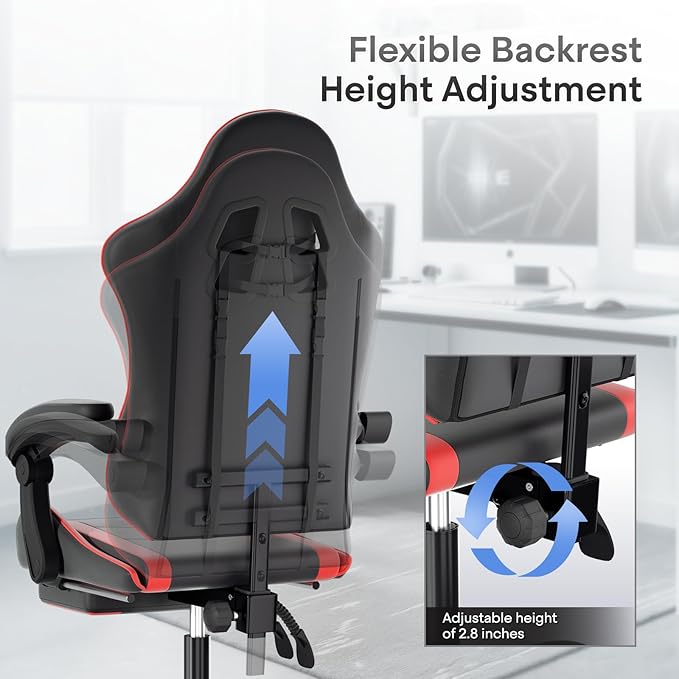 Athena Collection Ergonomic Gaming Chair with Footrest & Headrest Lumbar Support, Height Adjustable Swivel Office Chair Reclining Game Chair Leather High Back Computer Chair for Adults Kids, Red