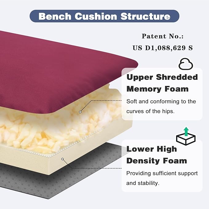 baibu 42Inch Outdoor Bench Cushion Waterproof, Bench Cushions for Outdoor Furniture, Dual-Layer Memory Foam atio Furniture Cushions, Porch Swing Seat Pad with Washable Cover & Ties, 42x16x3.5, Red