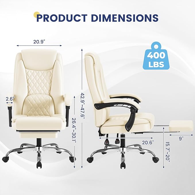 Shahoo Big and Tall Office Chair Height Adjustable Faux Leather Chair with Footrest and Lumbar Support, Ergonomic High Back Computer Chair with 360° Swivel Wheels Task Chairs for Office Home, Beige
