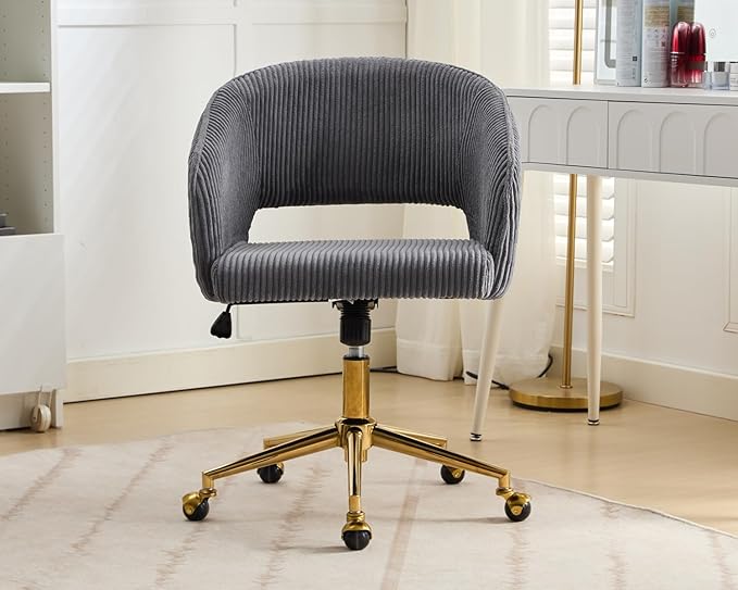 KCC Home Office Chair Swivel Desk Chair Accent Armchair Upholstered Modern Tufted Chairs with Gold Base for Girls Women Ergonomic Study Seat Computer Task Stools, with Wheels, Corduroy,Gray