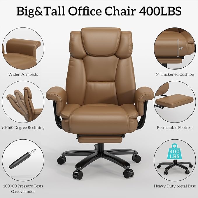 GYI 160° Reclining Office Chair with Footrest, Big and Tall High Back Home Office Chair, Leather Computer Desk Chair with Cross Legged Seat, Arms, Wheels, Brown