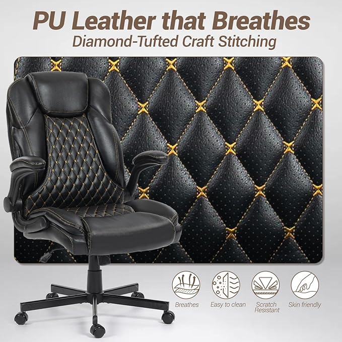 Executive Office Chair Big and Tall 400LBS - Ergonomic Comfy Heavy Duty Extra Wide Seat Home Office Desk Chair w/Flip Arm Rest, Rocking Function, Lumbar Support, Black
