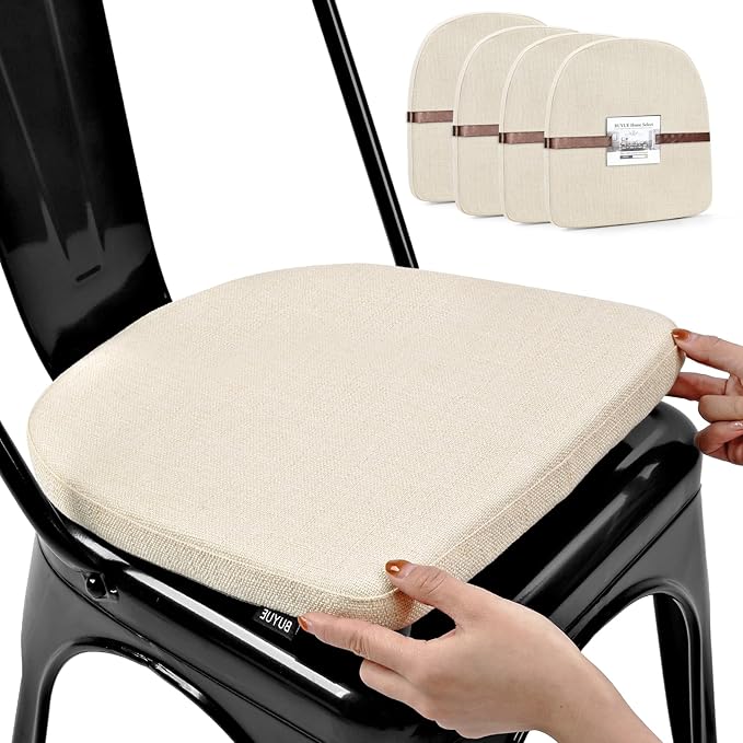 BUYUE Friendly Woven Fabric 14x14 Magnetic Cushions for Metal Chair Set of 4, Enhanced Anti-Slip Seat Pads for Dining Kitchen Café Stackable Chairs (U-Shape, Beige, 4 Counts)