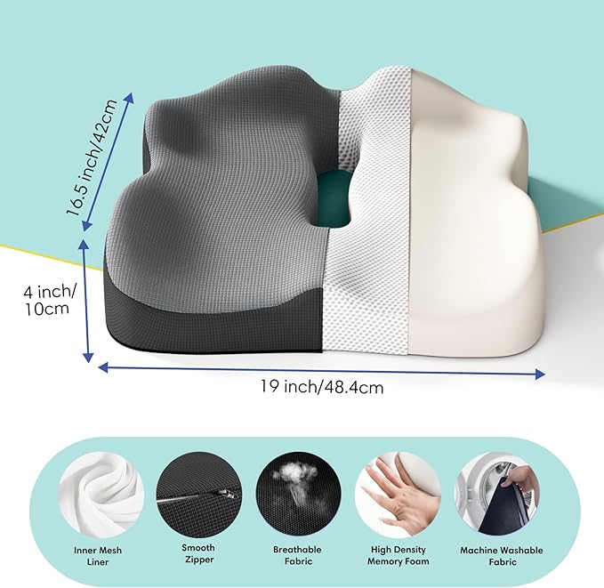 Car Seat Cushion, Extra Large Memory Foam Cushion with Adjustable Strap for Truck Drivers & Long Driving, Orthopedic Sciatica and Tailbone Pain Relief, Comfort Support for Travel Essentials