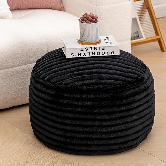 Asuprui Pouf Ottoman Stuffed Footstool Floor Pouf Foot Rest 20x12 Inches Round Poof Seat Floor Bean Bag Chair Foldable Floor Chair Storage for Living Room Bedroom Black Stripe Pouf with Filler