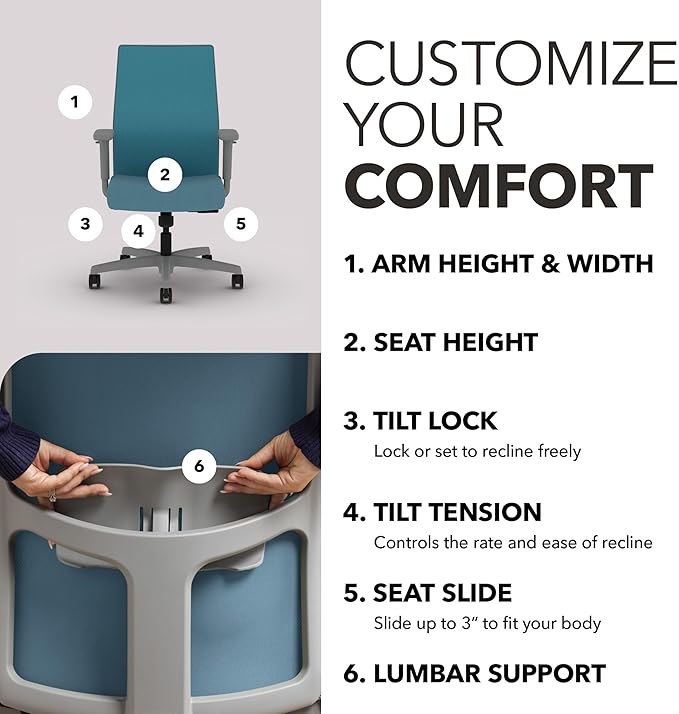 HON Ignition 2.0 Mid Back Task Chair, Spectrum Mesh, Standard Synchro-Tilt Control, Office Chair with Lumbar Support, Height and Width Adjustable Arms, Titanium Frame, Sky