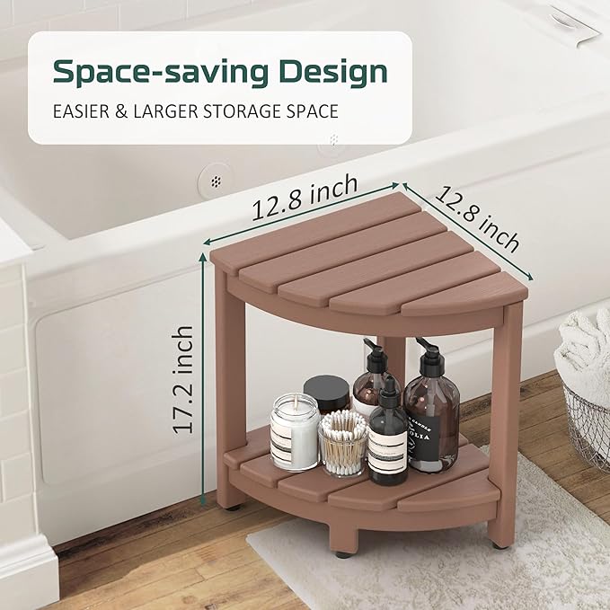 Corner Shower Stool for Inside Shower, HDPE Waterproof Shower Bench Seat Chair, Teak-Color Plastic Bath Shower Stool for Shaving Legs Foot Rest with Storage Shelf, Adjustable & Non-Slip Feet