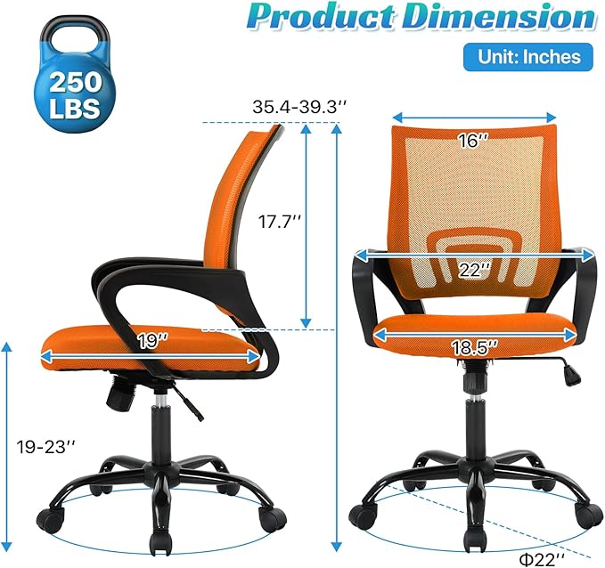 Ergonomic Office Chair Mesh Mid Back with Lumbar Support Armrest, Adjustable Home Desk Chair Comfy Computer Task Drafting Rolling Swivel Chairs for Gaming, Home Work, Study, Orange