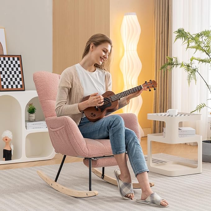 FOXHUNTER Rocking Chair Nursery with Foot Rest, Teddy Glider Rocking Chair for Nursery Upholstered Rocker Recliner Chair, Comfy Armchair with Adjustable Footrest for Living Room Bedroom, Pink Teddy