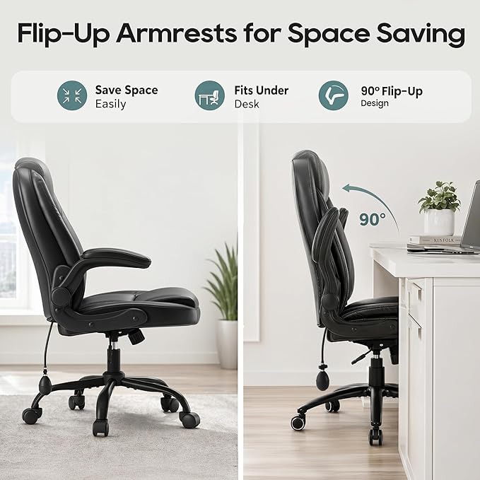 MALOL Leather Office Chair, Home Desk Chair with Adjustable Lumbar Support, Thick Cushion, Flip-Up Arms and Ergonomic Back, Comfy Executive Office Chair for Home Office, Black