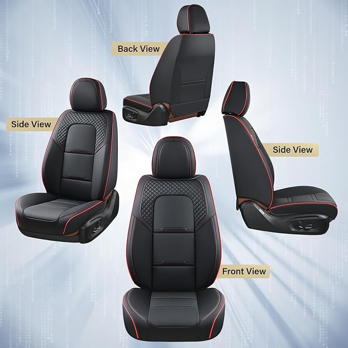 Coverado Car Seat Covers Front Seats, 2 Piece Car Seat Protector with Removable Headrest, Nappa Leather Breathable Front Side All Wrapped Universal Fit Truck Automotive Most Cars Black & Red