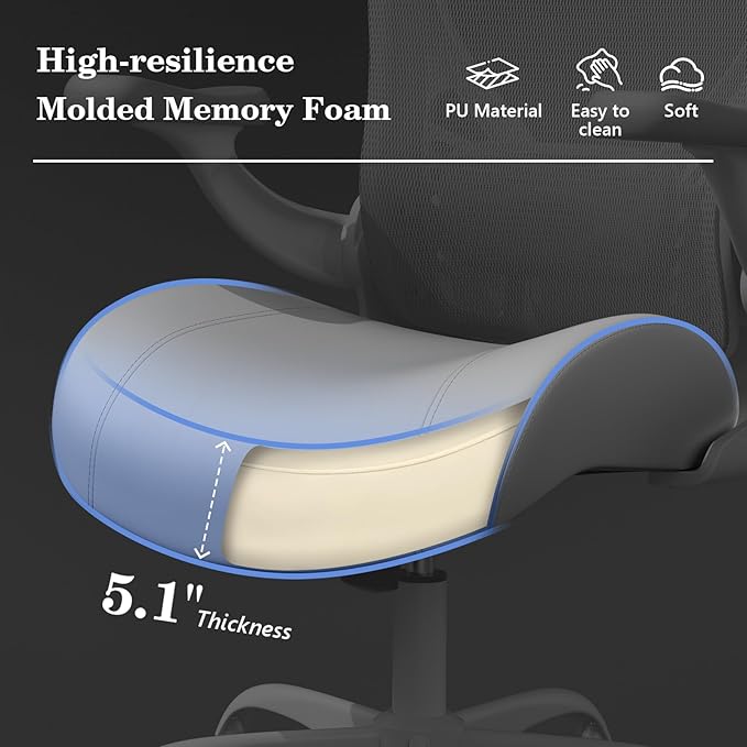 GYI Ergonomic Office Chair, Computer Desk Chair with Memory Foam Seat, Technical Mesh Back, 3D Flip-up Arms, Adjustable Lumbar Support&Height, Wheels for Home or Office, Grey White