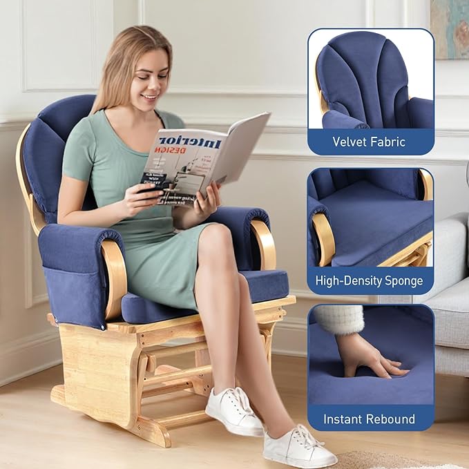 Solid Wood Glider Gentle Rocking Chair, Stylish Modern Glider Rocker with Padded Cushion, Smooth Rocking Motion Indoor Living Room Reading,Watching,Sleeping, Wood Color+Blue