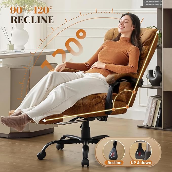 Garvee Comfortable Office Desk Chair 500 LBS, Big and Tall Office Chairs with Adjustable Flip-up Armrests,100-118°Recline Executive Leather Gaming Chair for Heavy People, Long Hours,Brown