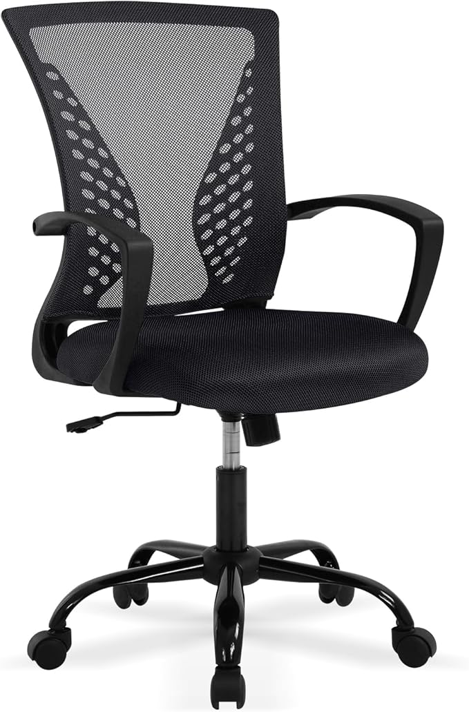 Ergonomic Office Chair with Lumbar Support - Adjustable Mesh Computer Chair for Home Office, Mid Back Swivel Task Chair with Arms, Breathable & Comfortable for Long Hours Work (Black)