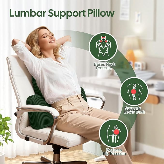 Lumbar Support Pillow for Recliner Chair/Couch/Car, Large Back Support Pillow for Office Chair for Elderly, Tufted Corduroy Back Cushion, Ideal for Pain Relief, Reading&Gaming, Green