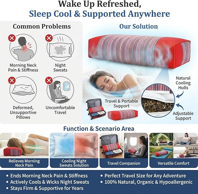 Adjustable Organic Buckwheat Pillow for Neck Pain Relief - Natural Cooling Cervical Support Bed Pillow for Side & Back Sleepers with Night Sweats (21x8x4 Red)