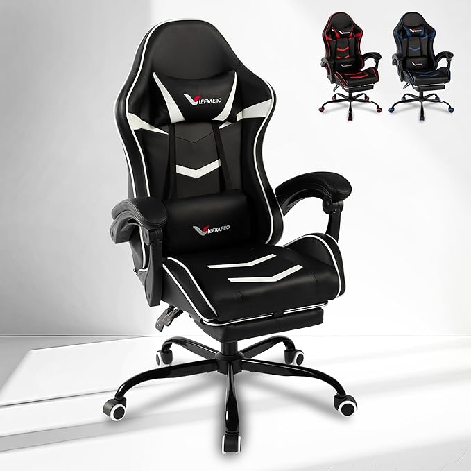 Gaming Chair for Adults, Ergonomic Gamer Chair with Footrest, Spring Pocket Cushion, Computer Office Desk Reclining Chair with Enlarged Metal Base, Linkage Armrests, Lumbar & Headrest (White)