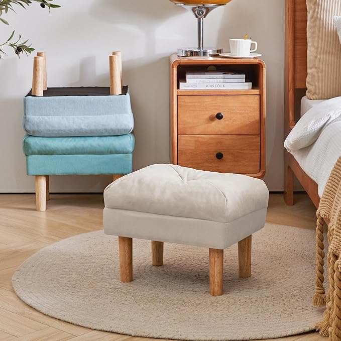 YMYNY 15.75" Small Foot Stool Ottoman, Footrest with Sponge Soft Padded Seat, Cotton-Linen Blend Fabric Footstool for Sofa, Bedroom, Living Room, Entryway, Solid Wood Legs, Beige, UHBD023M
