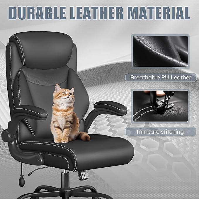 Ergonomic Office Chair, Home Desk Computer Chair, High Back Executive Chair，Padded Leather Ergonomic Computer Desk Chair with Inflatable Lumbar Support & Flip-Up Arms, Swivel Chair,Black 2 Pack