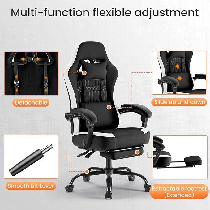 DUMOS Gaming Chair with Linkage Armrests, Video Game Chairs with Pocket Spring Cushion, Ergonomic Computer Silla Gamer Office Desk Chair with Footrest for Adults & Students, Black