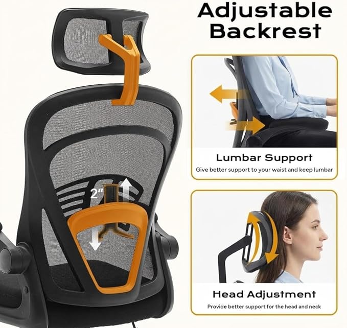 Ergonomic Mesh Office Chair, High Back Desk Chair with Adjustable Lumbar Support & Headrest, Flip-Up Armrests, 300 Lbs Capacity, Swivel Rocking Computer Chair for Home Office Study Bedroom Black