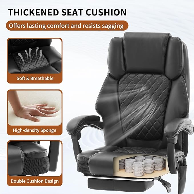 Massage Office Chair with Footrest, Heated Reclining Office Chair for Heavy People 400 lbs,High Back Executive Leather Home Desk Chair 6 Vibration Points,Ergonomic Managerial Chair, Black