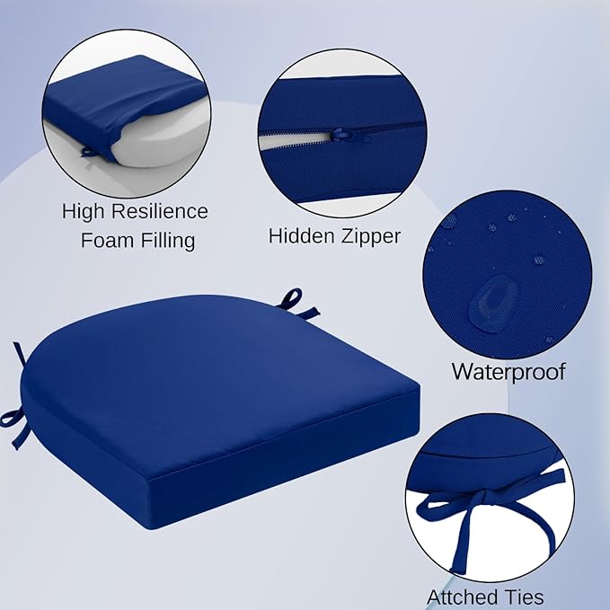 idee-home Outdoor Chair Cushions Set of 4, Thick 17" x 17" Outdoor Seat Cushions Patio Furniture Waterproof with Ties, Dining Pads