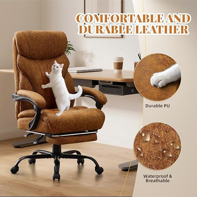 Garvee Comfortable Office Desk Chair 500 LBS, Big and Tall Office Chairs with Adjustable Flip-up Armrests,100-118°Recline Executive Leather Gaming Chair for Heavy People, Long Hours,Brown