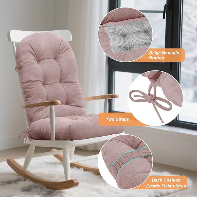 Rocking Chair Cushion - Velvet Fabric, High-Density Sponge, Durable Comfort Non-Slip Bottom Tufted Seat Pads with Ties, Velvet︱Dirty Pink, 44x19x4 inch