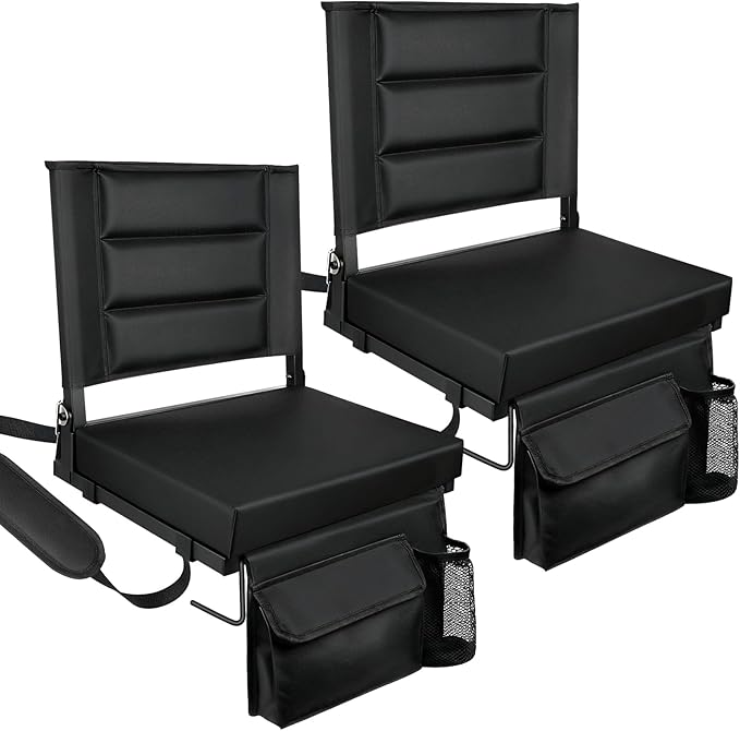 Stadium Seats with Back Support,Bleacher Chairs with Cushion, Portable Folding Stadium Chair with Removable Cushion and Large Pocket for School Events Sports Game(Black 2 Pack)