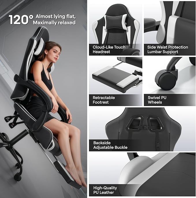 Athena Collection Gaming Chair, Ergonomic Gaming Chair with Footrest & Headrest Lumbar Support, Height Adjustable Swivel Computer Chair Office Chair for Kids Adults(White)
