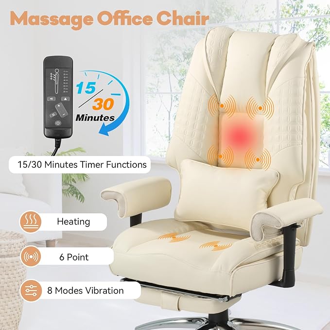 Massage Office Chair with Foot Rest, Ergonomic Executive Heated Office Chair with Reclining Backrest, Adjustable Arms and Lumbar Support, High Back Leather Desk Chairs for Home Office, Beige