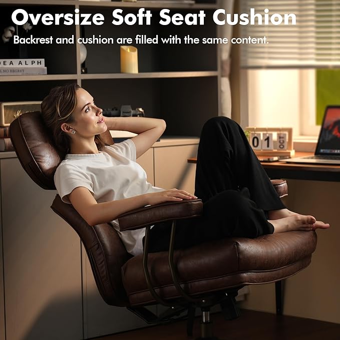 High Back Executive Office Chair with Comfortable Deep Seat,Brown Mid Century Modern Office Chairs,Ergonomic Big and Tall Computer Desk Chair with Lumbar Support(Dark Brown Suede)