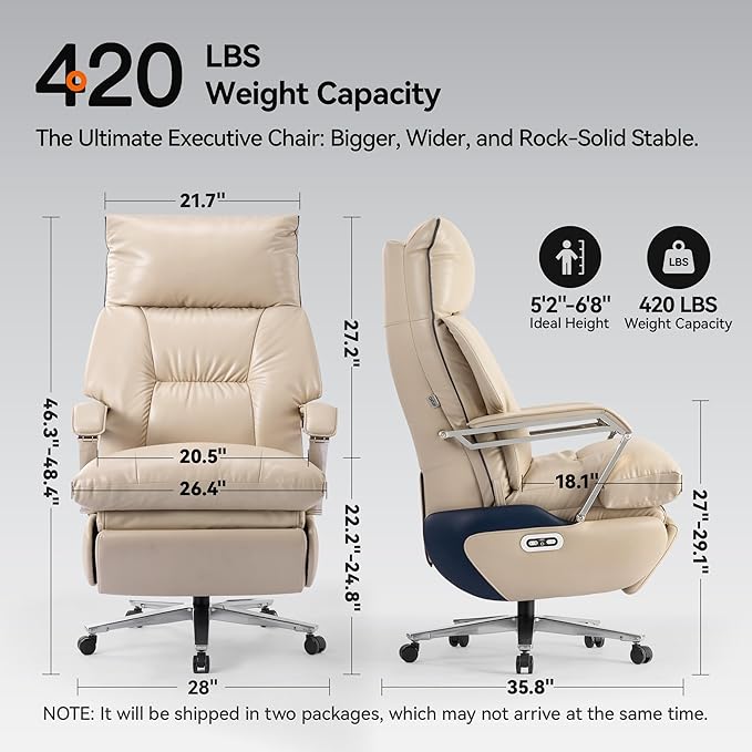 OKUP Dual Motor Executive Office Chair with Foot Rest, Electric Reclining Comfortable Office Chair Wide Seat, Big and Tall Ergonomic Leather Home Office Desk Chair 420lbs, High Back, Beige