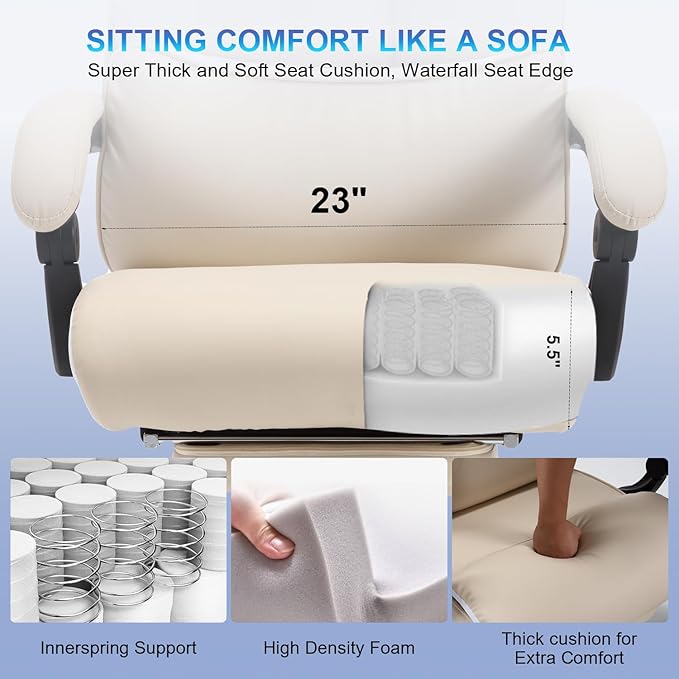 Fully Reclining Office Chair with Foot Rest, Ergonomic Executive Office Desk Chair with Lumbar Support and Headrest, 170° Reclining Recliner High Back Home Leather Computer Chair, Beige