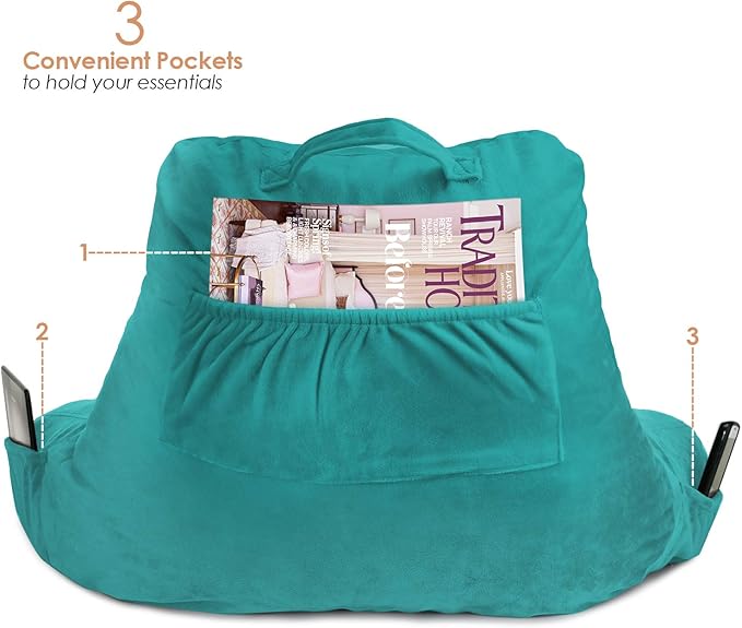 Clara Clark Reading Pillow with Shredded Memory Foam for Sitting Up in Bed and Couch, Back and Arms Adjustable Support for Adults & Teens Backrest Pillows for Reading, with Washable Cover Teal