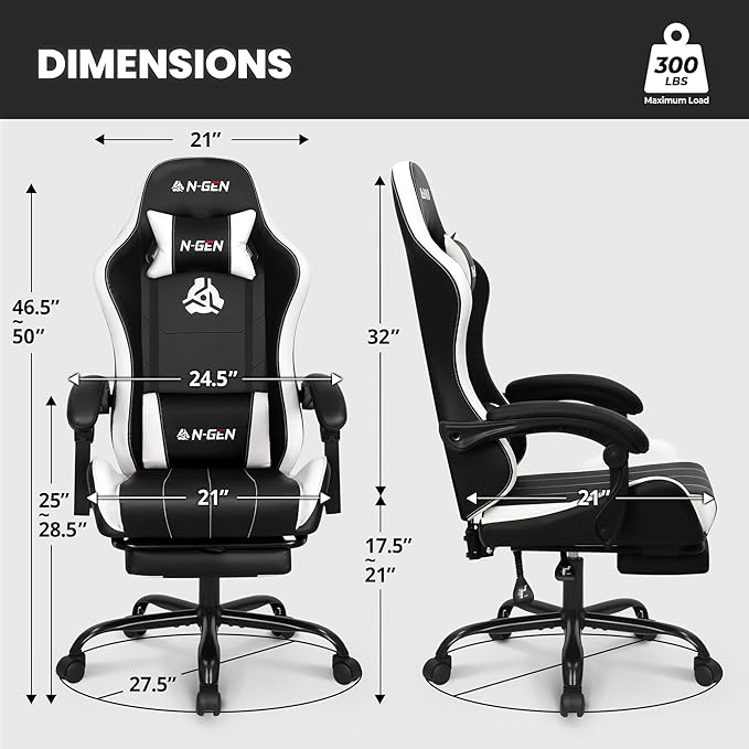 N-GEN GAMING Video Gaming Chair with Footrest Lumbar Support for Home Office High Back Recliner Height Adjustable Ergonomic Comfy Leather Computer Desk Chair (White)