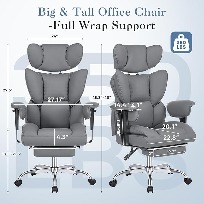 DUMOS Big and Tall Home Office Desk Chair, Gaming Computer Chair, Executive Ergonomic Chair with Footrest, High Back Reclining, Adjustable Armrests and Comfy Lumbar Support, PU Leather, Grey