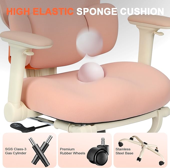 Ergonomic Office Chair with 4D Flip-Up Arms & Footrest, Mesh Desk Gaming Chair with 3D Headrest & 2D Floating Wing Lumbar Support, High Back Computer Chair for Home Office Vanity, Pink