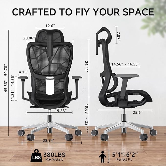 Ergonomic Office Chair with Dynamic Lumbar Support, High Back Mesh Chair with 4D Armrests & Headrest, 90°-135° Reclining Desk Chair, 380LBS Heavy Duty Computer Chair for Home Office (Black)