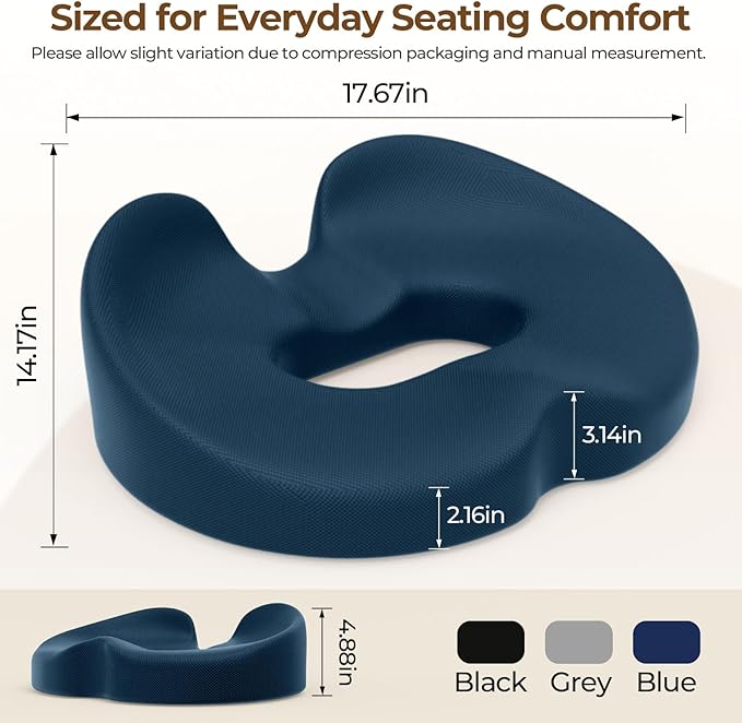 TushGuard Ergonomic Donut Pillow Seat Cushion with Raised Rear Support, Large Memory Foam Cushion for Tailbone, Hemorrhoids & Sciatica Relief, Office Chair, Car, Travel, Postpartum, Blue