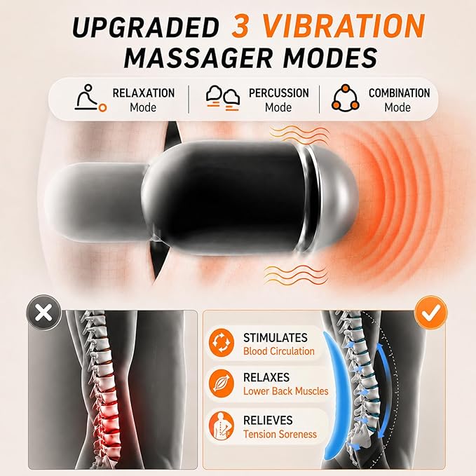 Cordless Lumbar Support Pillow for Pain Relief Deep Tissue, 3-in-1 Heated Lower Back Massager Pillow with 3000mAh Battery, Heat, Massage, Electric Stretch, Back Support Pillow for Office Chair Car
